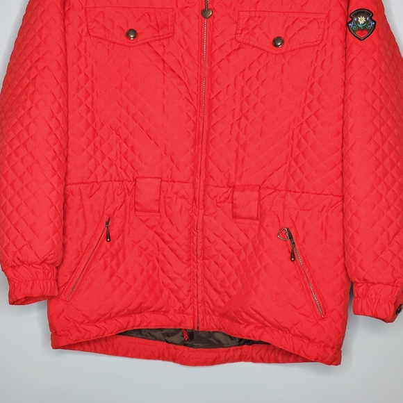 Vintage Obermeyer Red Ski Jacket Quilted faux fur lined hood‎ arm patch size 10 - Picture 3 of 13
